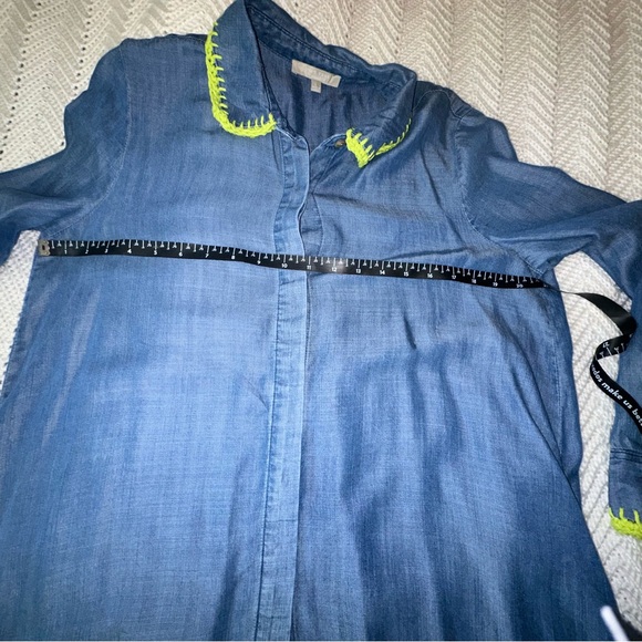 Joan Vass Blue Denim Dress/top with hand crocheted bright green trim large - Picture 6 of 7